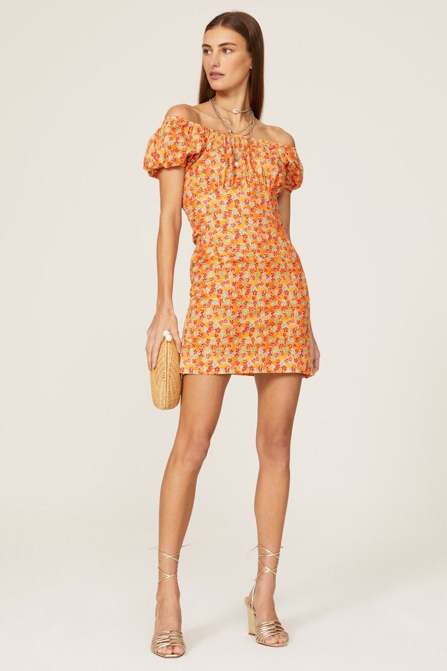 Caroline Constas Calla Orange Floral Puff Sleeve Off The Shoulder Mini Dress XS